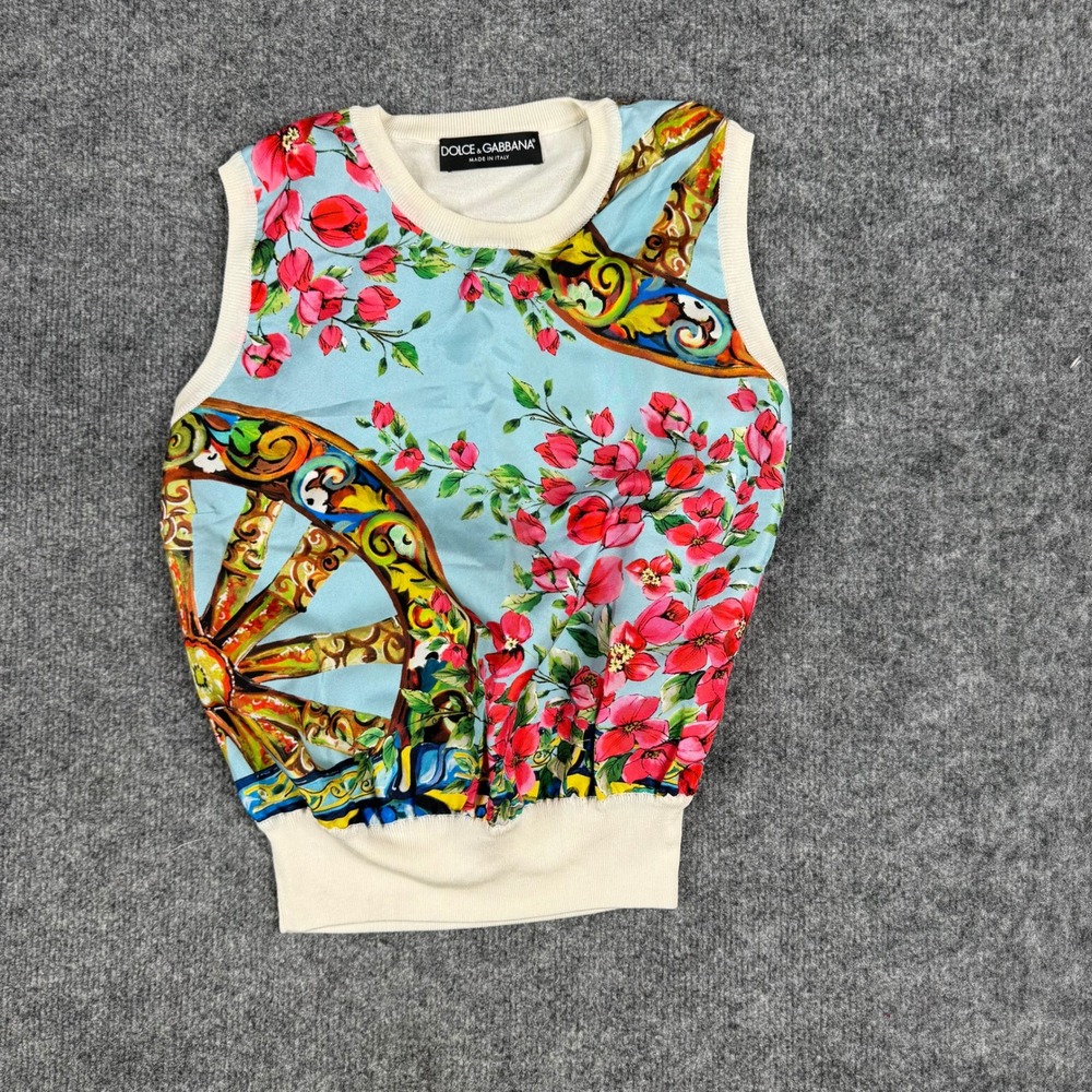 Dolce & Gabbana Top Womens Size S Blue Silk Floral Carretto Print Italy Stain